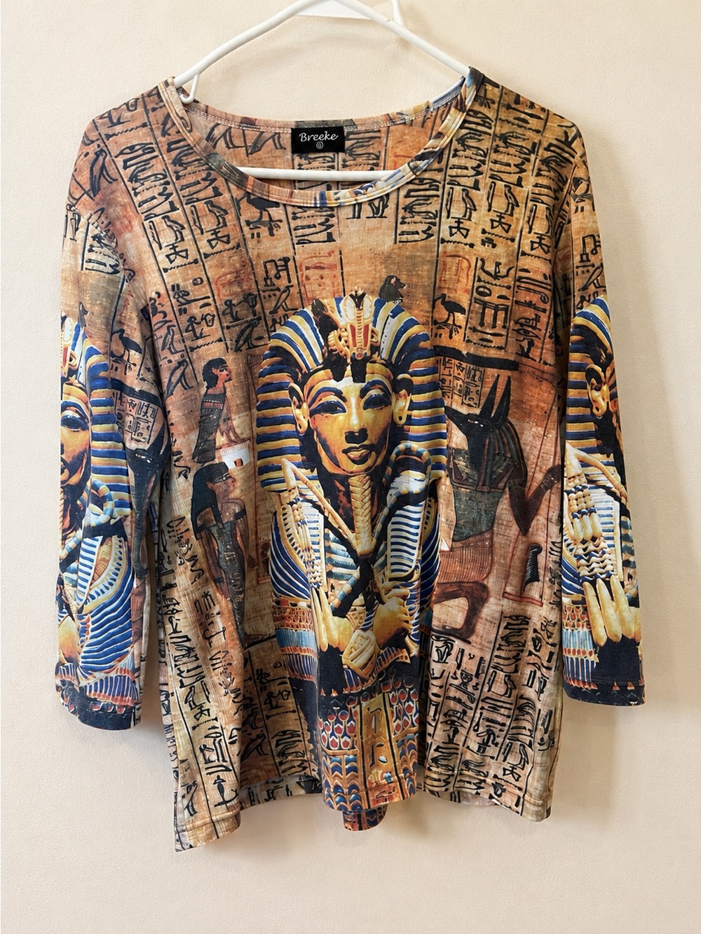 Breeke XL Egyptian Pharaoh Hieroglyphic Art Shirt 3/4 Sleeve Top